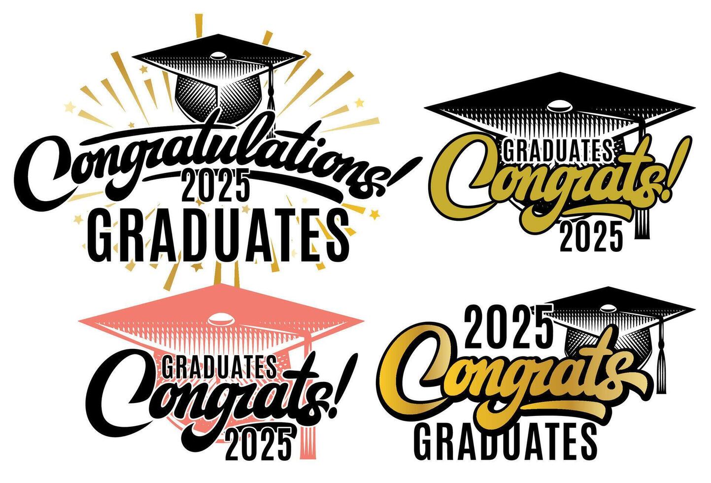 Celebratory Graduation Illustrations with Caps and Congratulatory Messages for the Class of 2025 vector