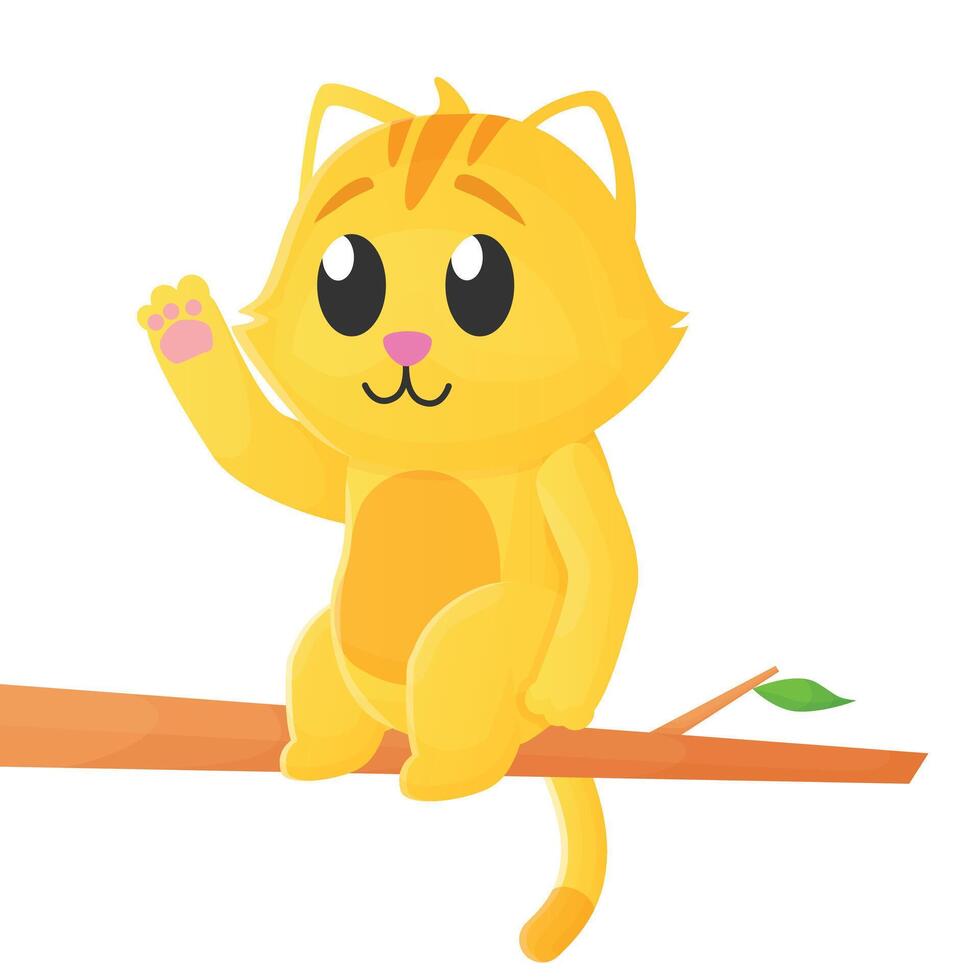 Little cute Orange Cat sit down in branch of tree with waving hand pose flat art free design illustration cute simple style. Perfect for animal or kid asset template sticker and books cover vector