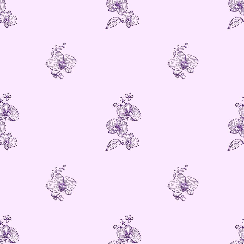 Elegant seamless floral pattern with delicate hand-drawn orchid flowers on a soft light purple background. Great for fabric, packaging, wallpaper, and surface design. vector