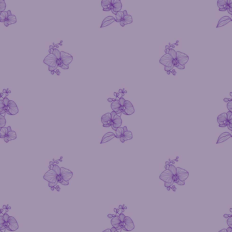 Seamless floral pattern with hand drawn orchid flowers on a purple background. Perfect for fabric, wallpaper, wrapping paper, and digital design. vector