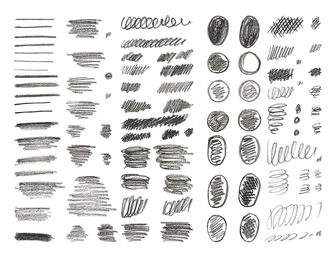 Set Charcoal Brush Strokes, Wavy Lines Shapes. Kids Hand Drawn Abstract Shapes Lines Drawn with Pencil Black charcoal. Circles, Scribbles Strokes and Grunge Texture for Children Illustration. vector
