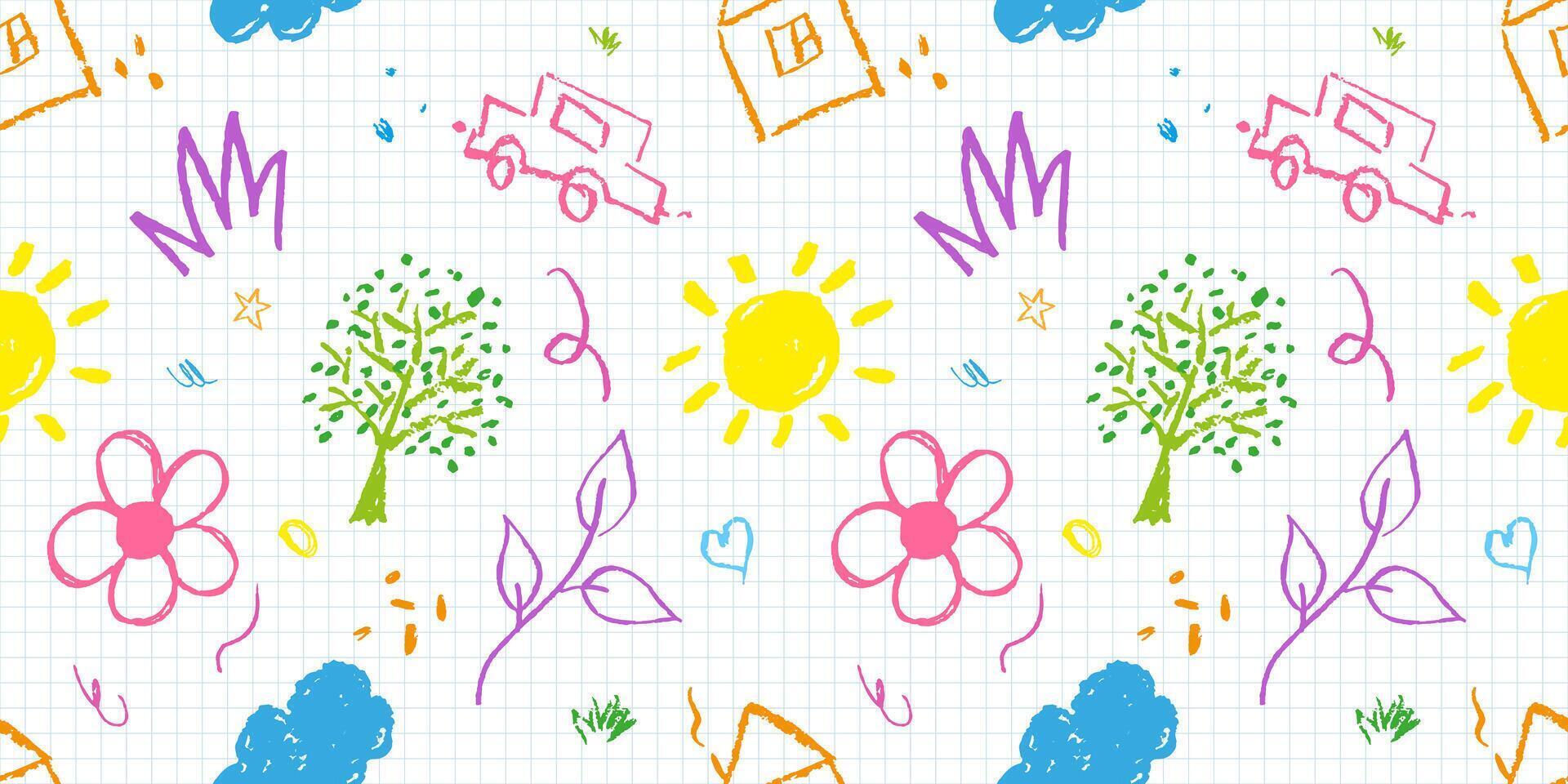 Kid Pattern with Hand Drawn Children Drawings. Background with Doodle Cute Illustrations with Charcoal Pencil, Chalk. Kid Flower, Sun, Cloud, Summer Illustration. Children Pattern illustration. vector