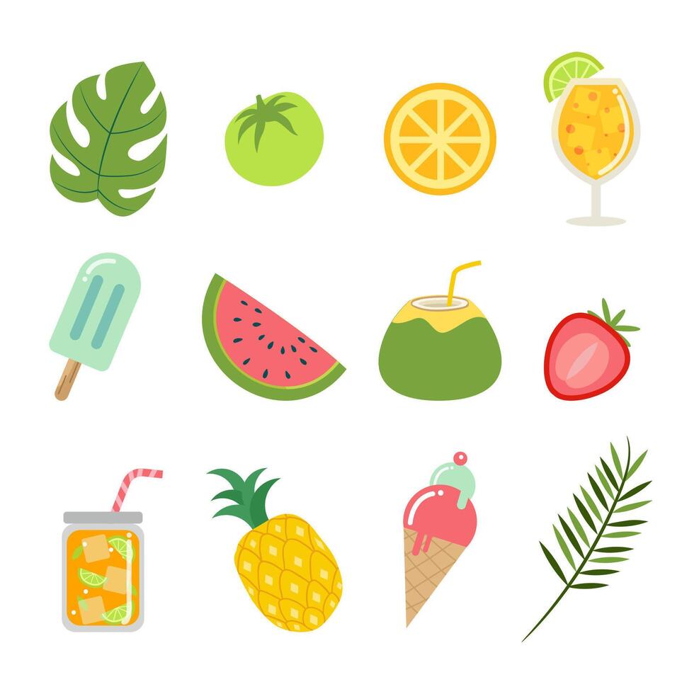 Set tropical fruits. Watermelon, orange juice, lemon, tomato, strawberry, pineapple, coconut, ice cream, leaf. illustration. vector