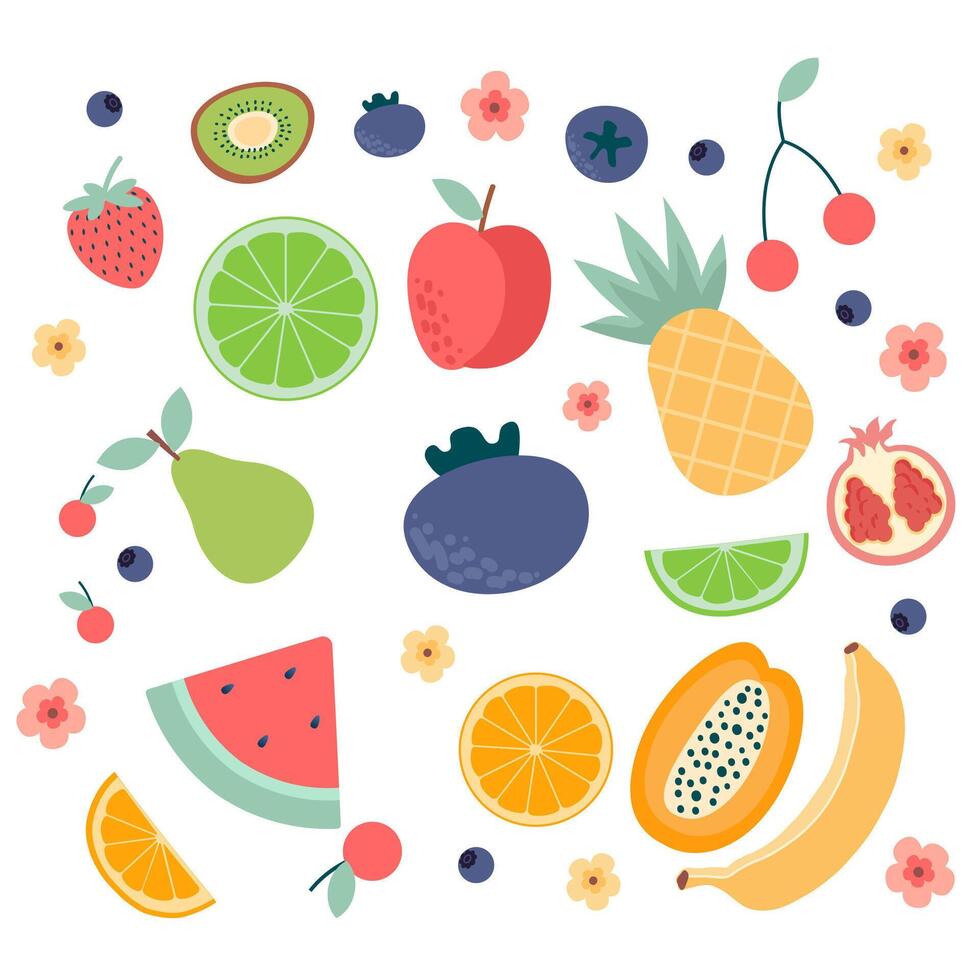 Set hand drawn natural tropical fruits. Watermelon, apple, pear, orange, cherry, lemon, banana, strawberry, pineapple, berry, papaya, kiwi, pomegranate. design vector