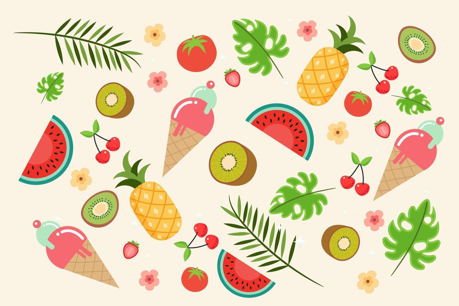 Natural tropical fruits summer time. Watermelon, pineapple, ice cream, leaf, strawberry, kiwi, cherry, tomato. illustration. vector