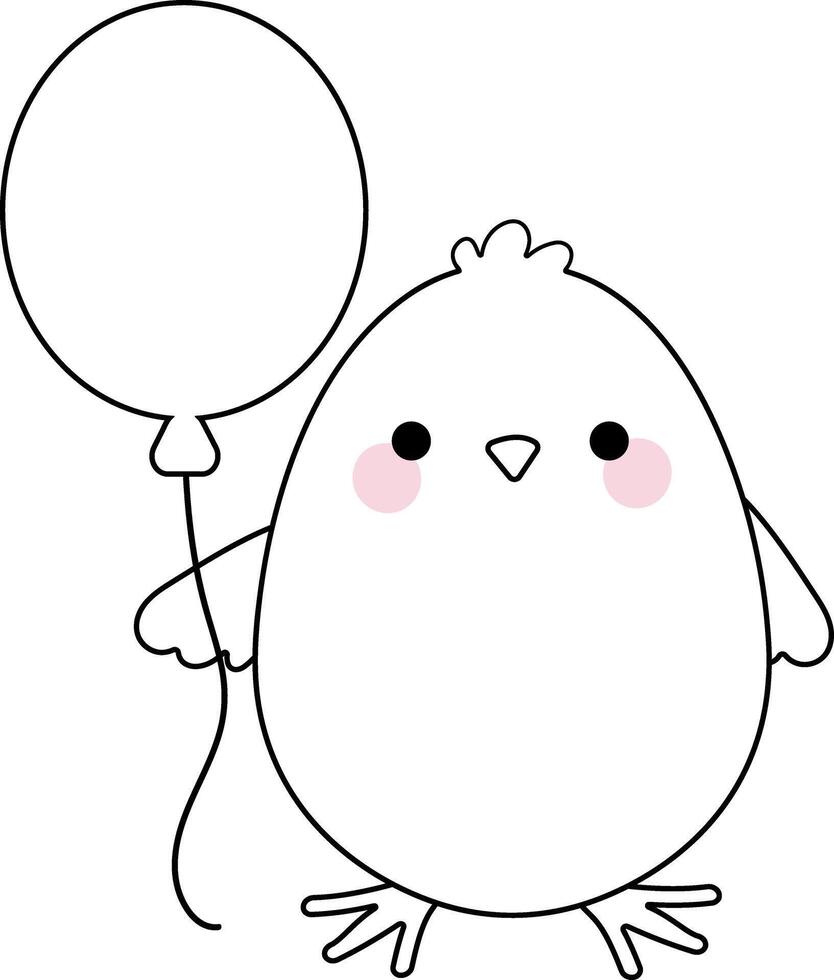 Cute chick holding balloon on string - Easter coloring page for kids, simple kawaii doodle outline vector