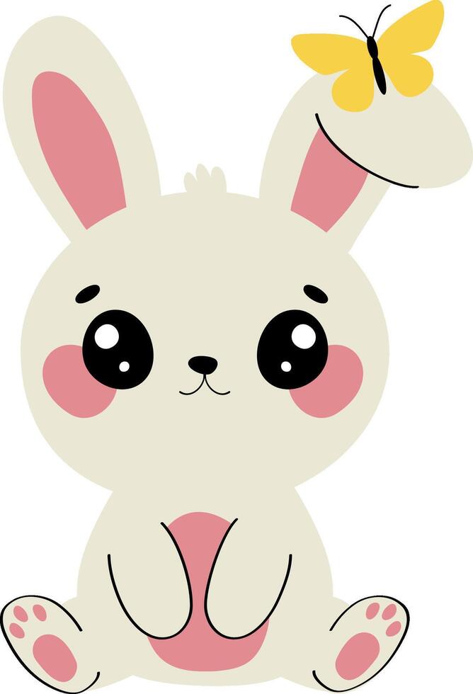 Cute cartoon rabbit with yellow butterfly, kawaii bunny animal character, flat illustration vector