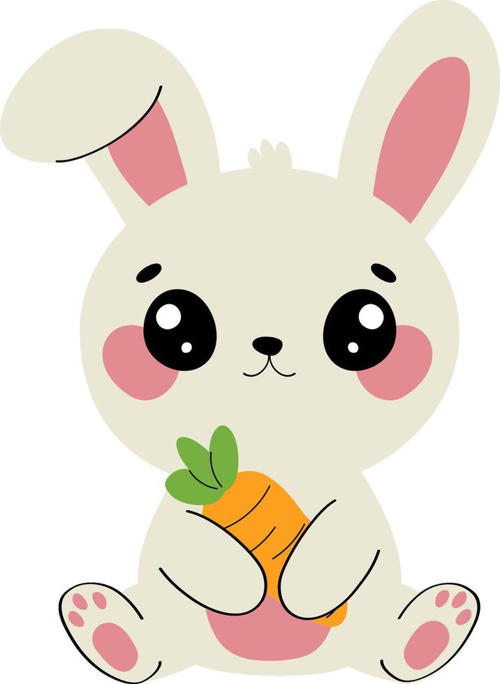 Cute flat rabbit with carrot, kawaii bunny animal cartoon, Easter illustration, friendly smile baby face, playful woodland character, spring garden clipart vector