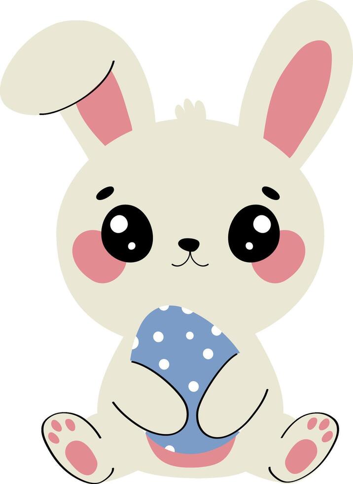 Cute Easter bunny holding blue polka dot egg, kawaii rabbit cartoon character, flat illustration vector