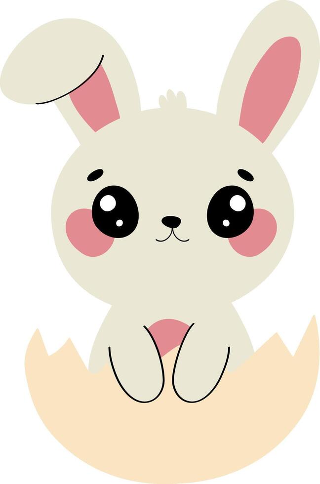 Cute Easter bunny in eggshell, kawaii newborn rabbit cartoon, flat illustration vector