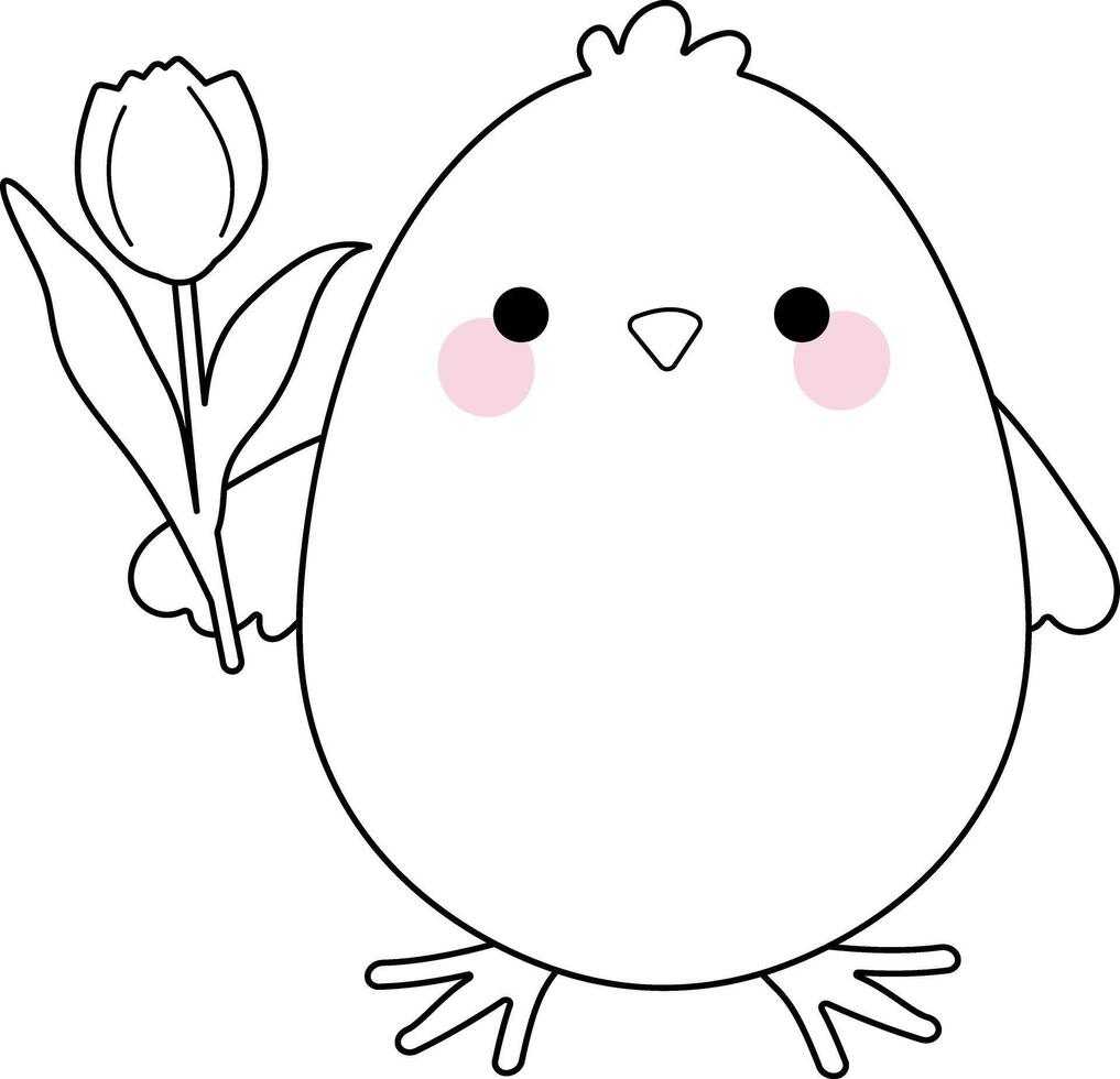 Cute chick holding tulip - simple coloring page for kids, charming doodle outline drawing vector