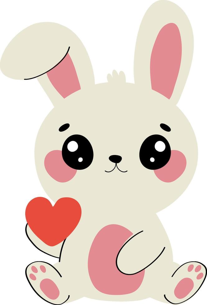 Cute cartoon rabbit holding red heart, kawaii bunny valentine character, flat illustration vector