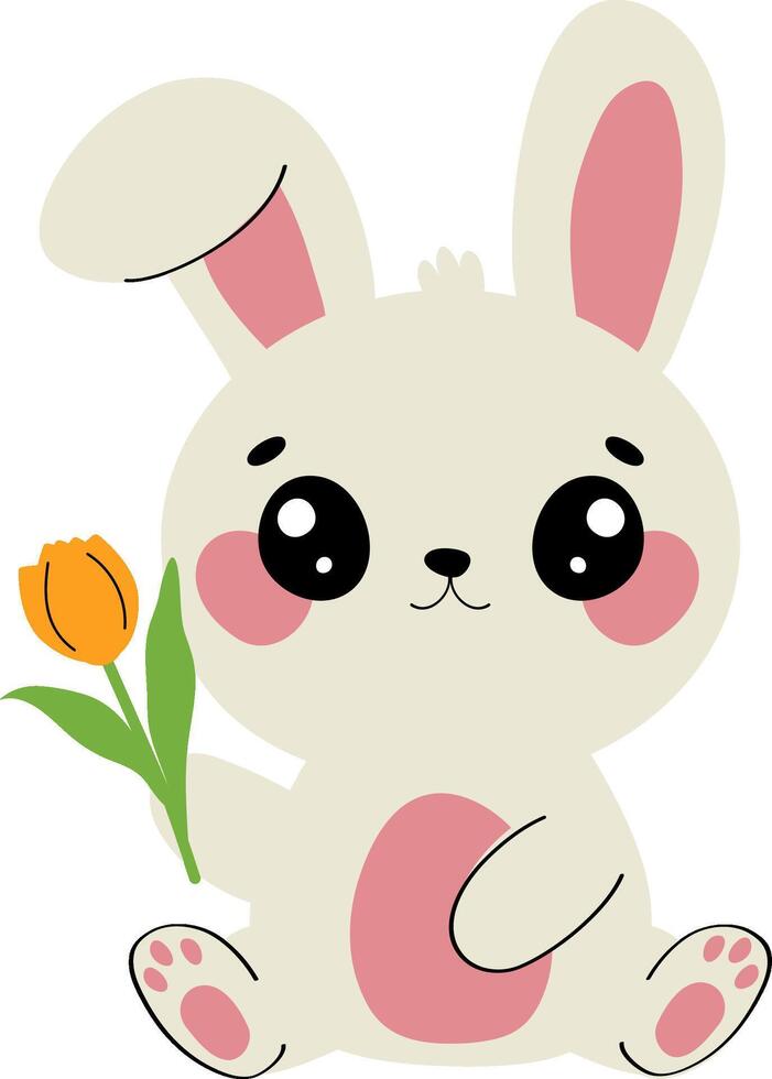 Cute cartoon rabbit holding tulip, kawaii bunny with flower, flat illustration vector