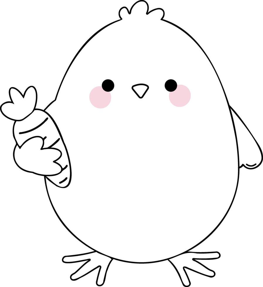 Cute baby chick with carrot - cartoon chicken outline coloring page for kids, Easter spring activity, farm animal illustration vector