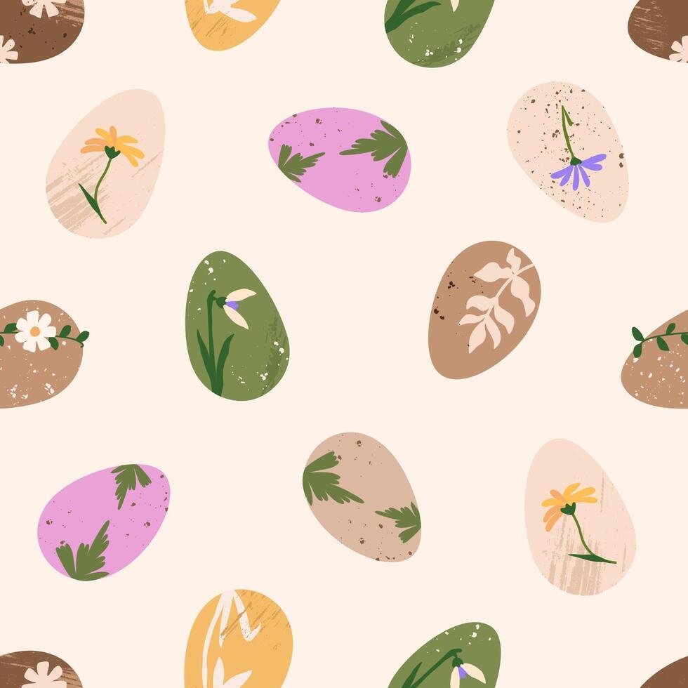 Easter egg seamless pattern. Trendy rustic handcrafted eggs with botanical elements. Minimalistic and elegant texture for textile design, wrapping paper, poster, background vector