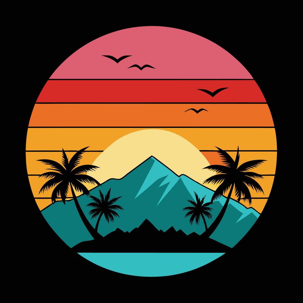 Retro Sunset Landscape With Palm Trees Mountain Silhouette And Flying Birds vector