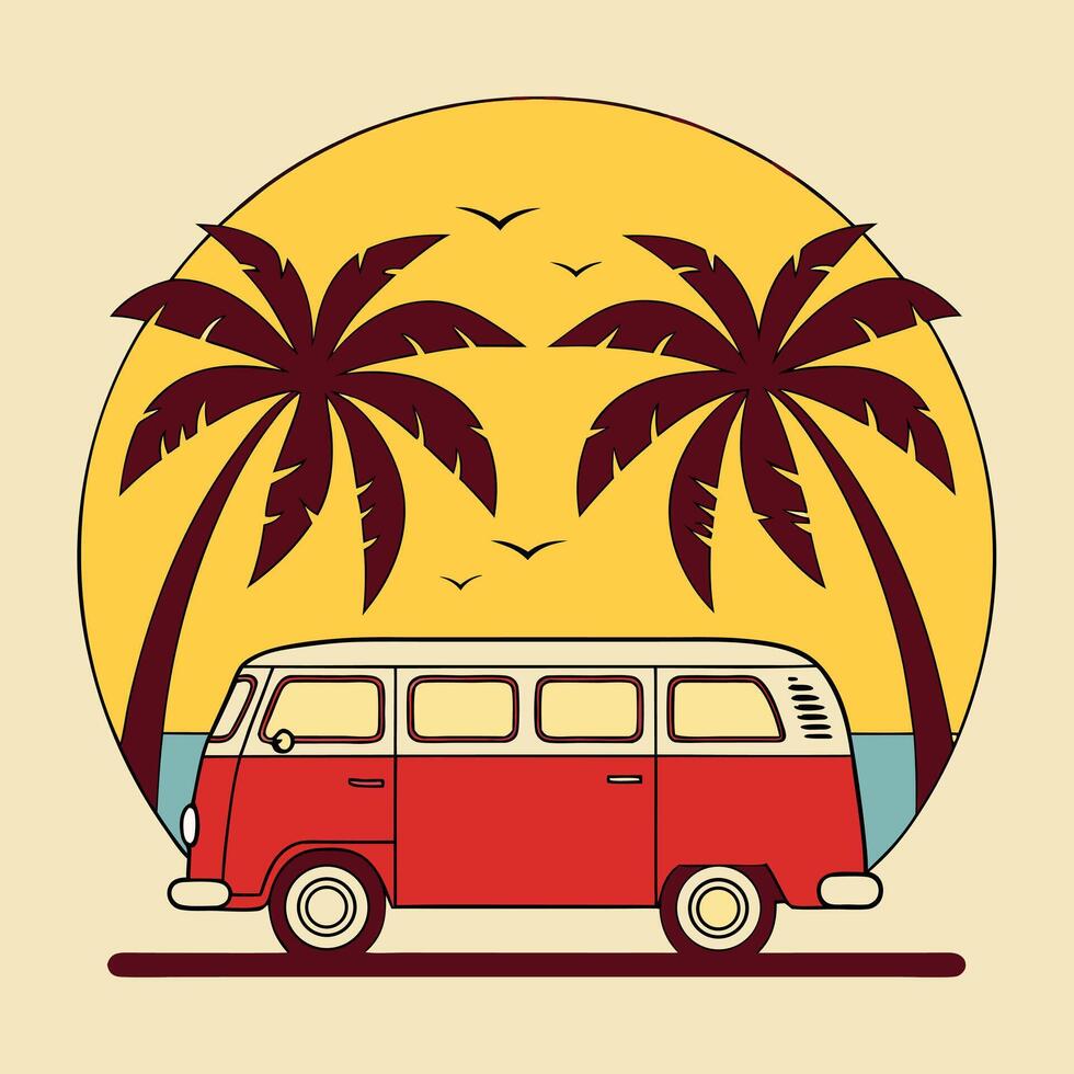 Summer Road Trip Retro Van With Palm Trees And Birds Silhouette vector