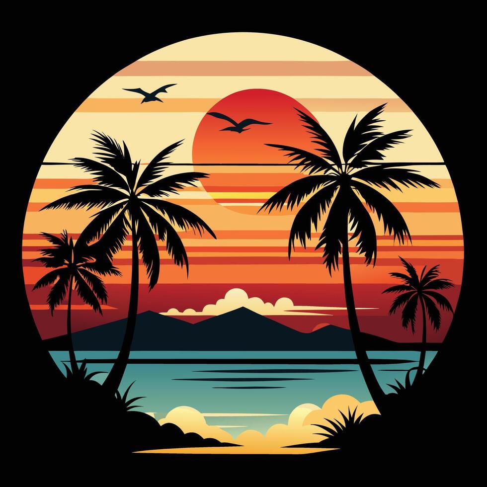 Retro Tropical Island Sunset With Palm Trees Silhouette Illustration vector