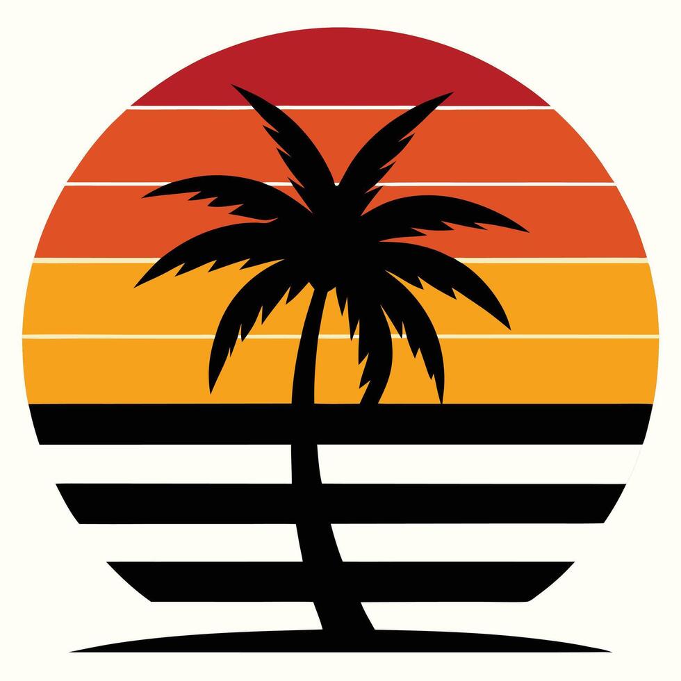 Retro Sunset Palm Tree Illustration Graphic Summer Vacation Tropical Island Design vector