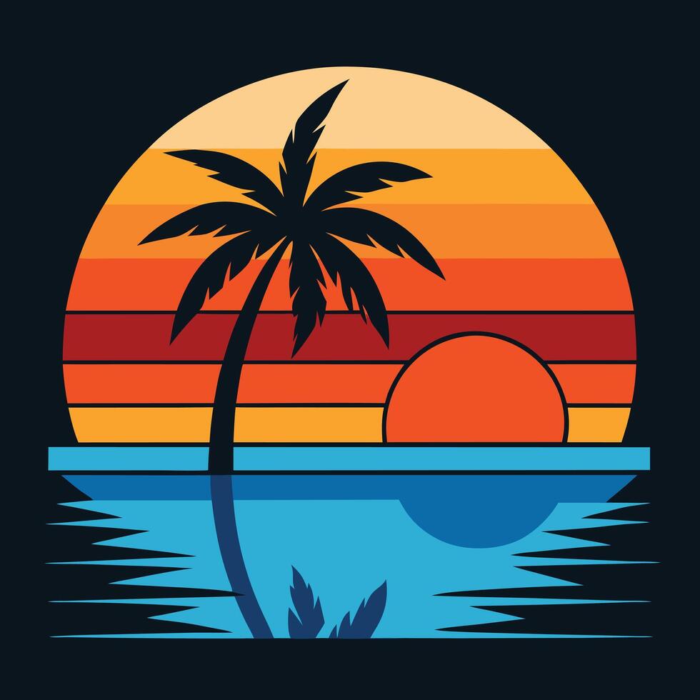 Retro Sunset Palm Tree Silhouette Beach Illustration Graphic Design vector