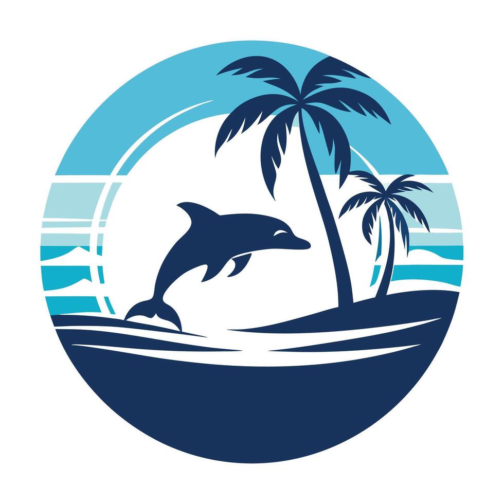 Summer Tropical Island Scene With Dolphin And Palm Trees Design vector