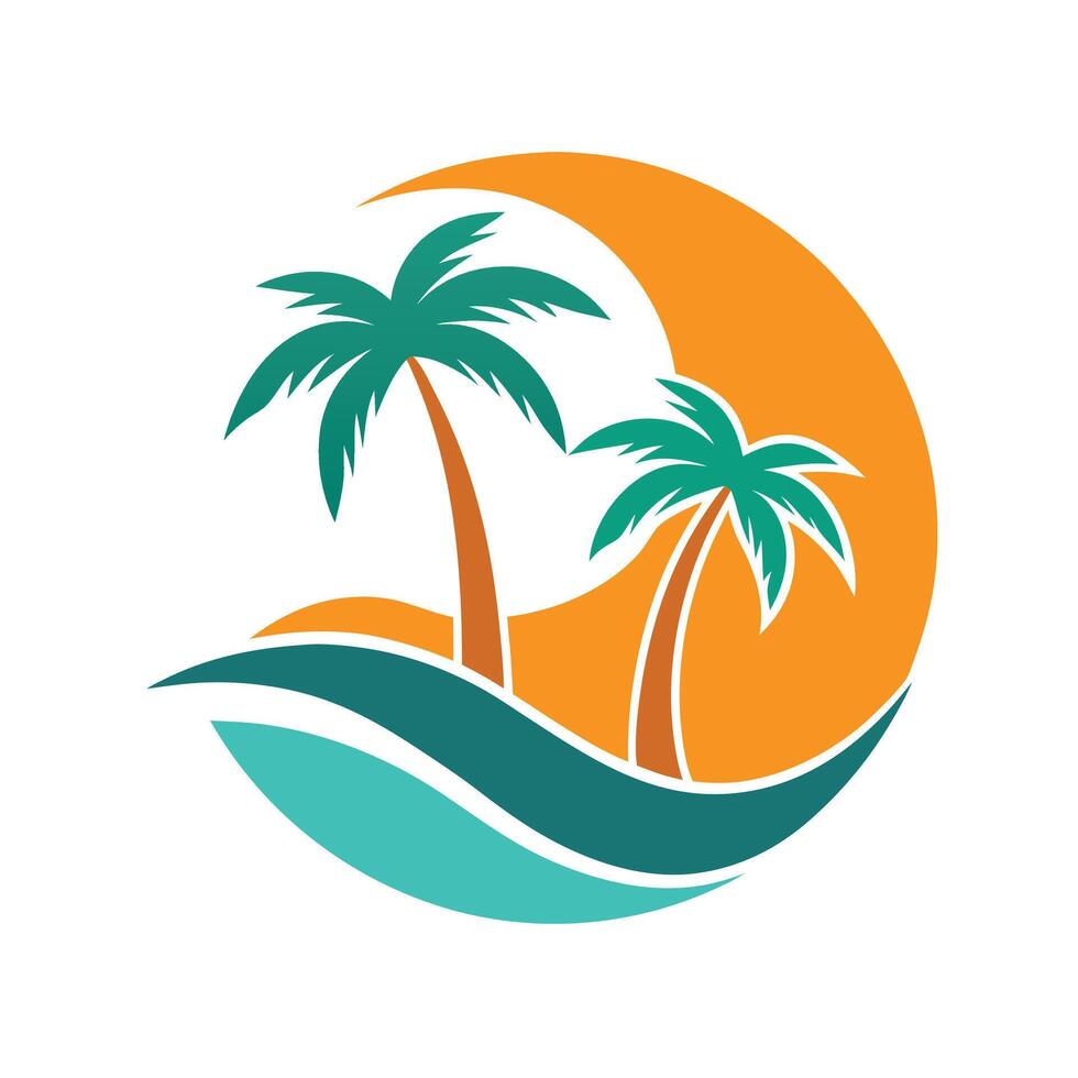 Tropical Beach Scene With Palm Trees Wave And Sun Graphic Design vector