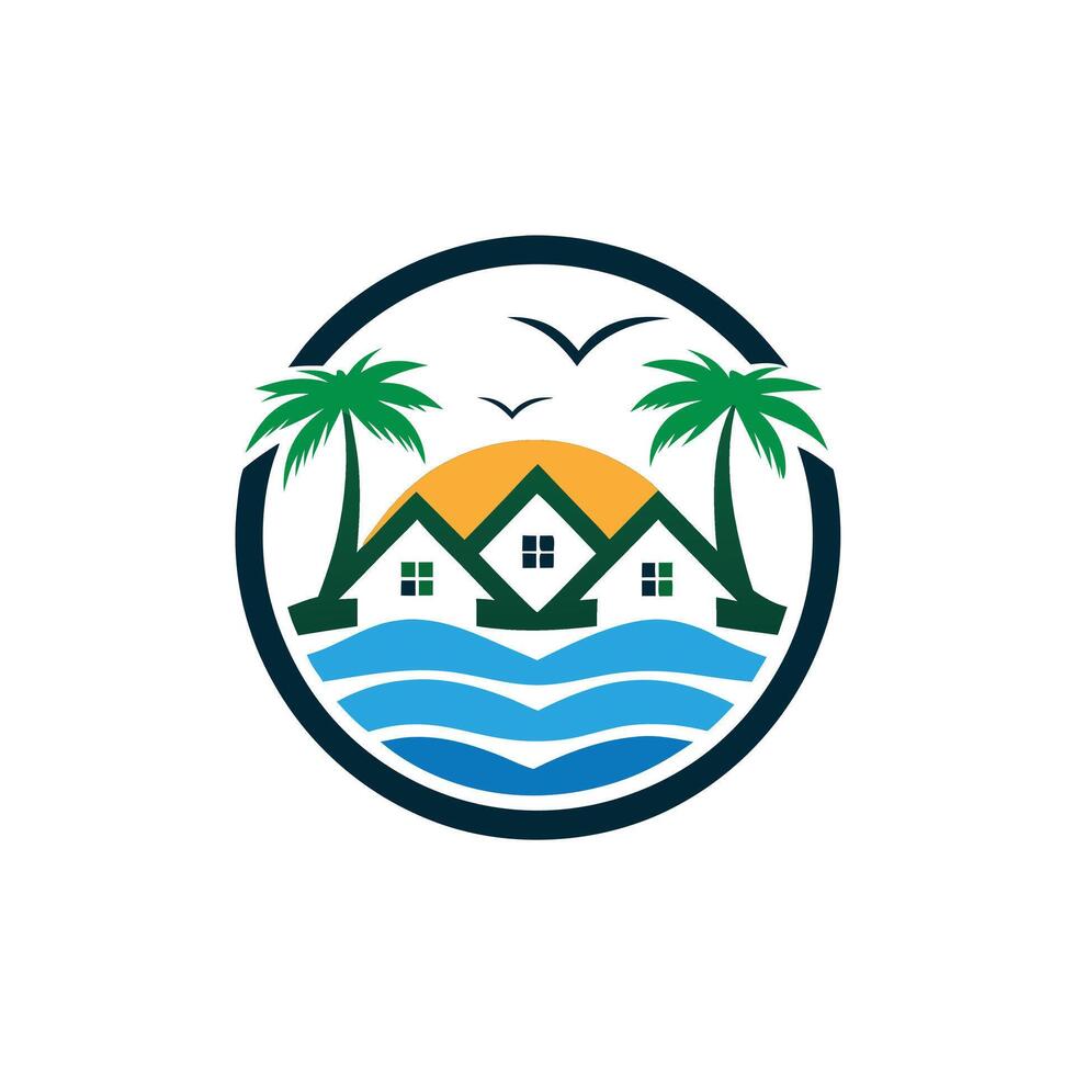 Tropical Beach Houses Illustration With Palm Trees And Ocean Waves vector