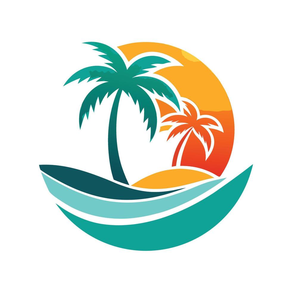 Tropical Palm Trees Sunset With Ocean Waves Nature Illustration Design vector