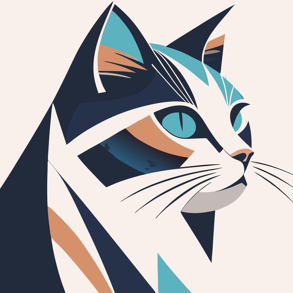 Abstract Cat Portrait Modern Geometric Design In Blue Brown And White vector