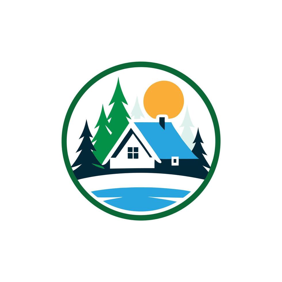 Cabin In The Woods With Lake And Sun In A Circle Emblem vector