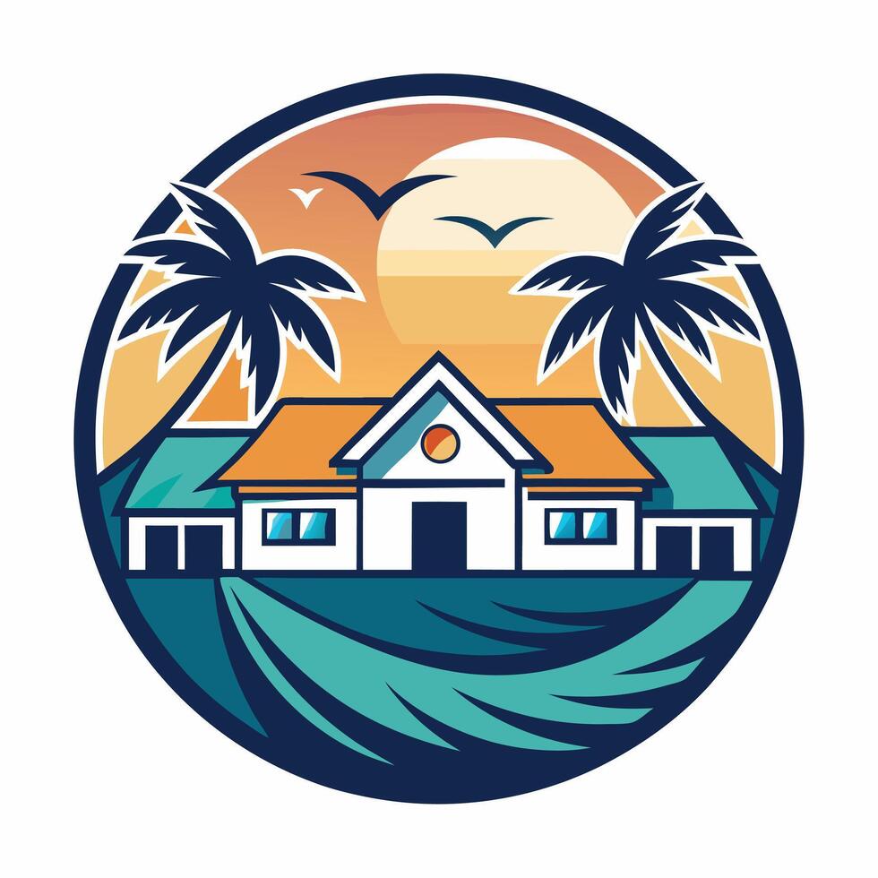 Coastal Home Illustration With Palm Trees Sunset And Ocean Views vector