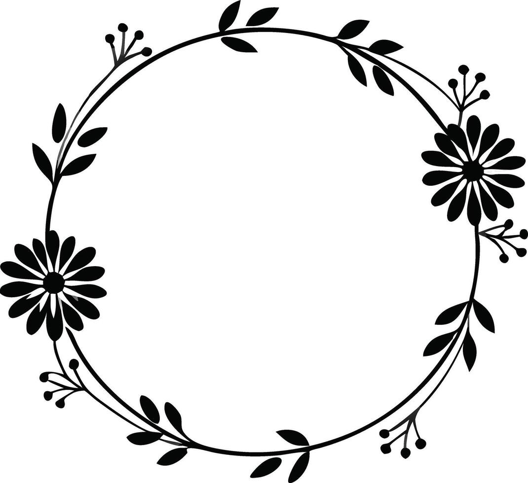Elegant Floral Circle Frame With Flowers Leaves And Berries Black And White vector