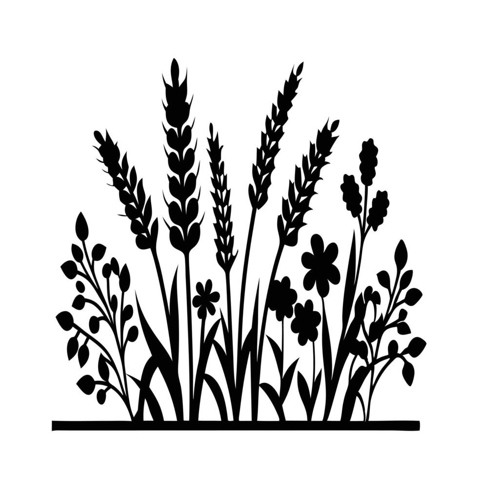 Black Silhouette Wildflowers And Wheat Isolated On White Background Elegant Floral Design vector