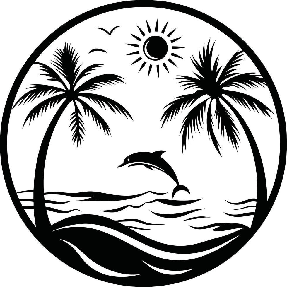 Circular Black And White Tropical Scene With Palm Trees And Dolphin vector