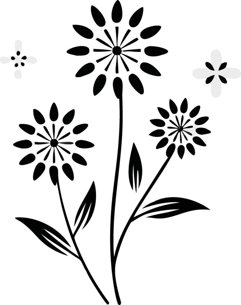 Black And White Flower Arrangement With Simplified Petals And Leaves Illustration vector
