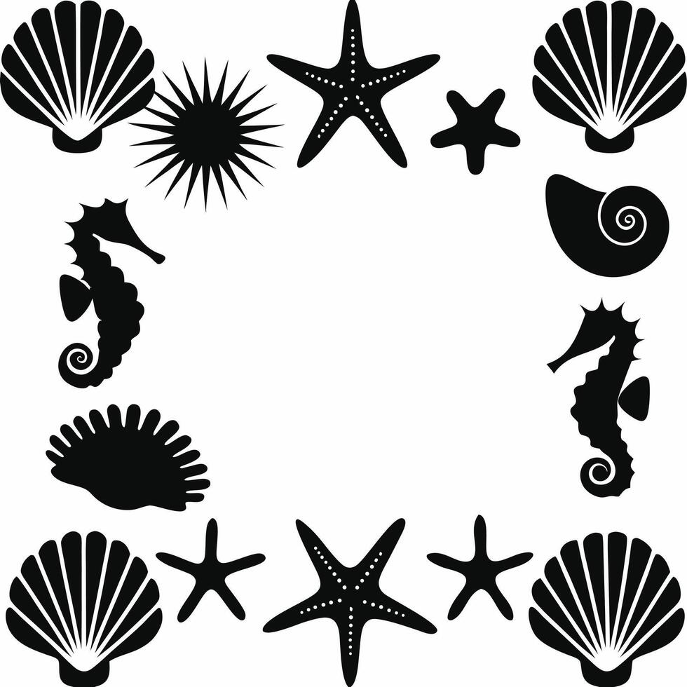 Black And White Frame Border Made Of Seashell Starfish Seahorse And Urchin vector