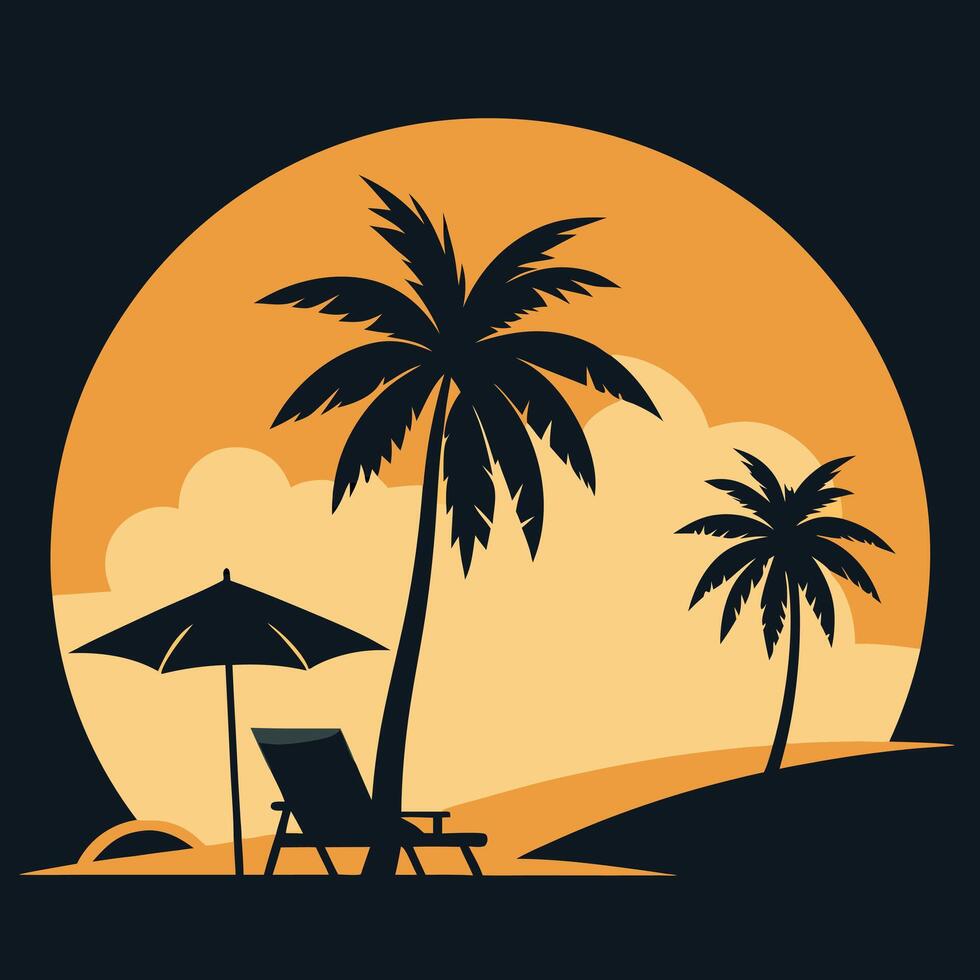 Tropical Beach Paradise Silhouette With Palm Trees And Sunset Illustration vector