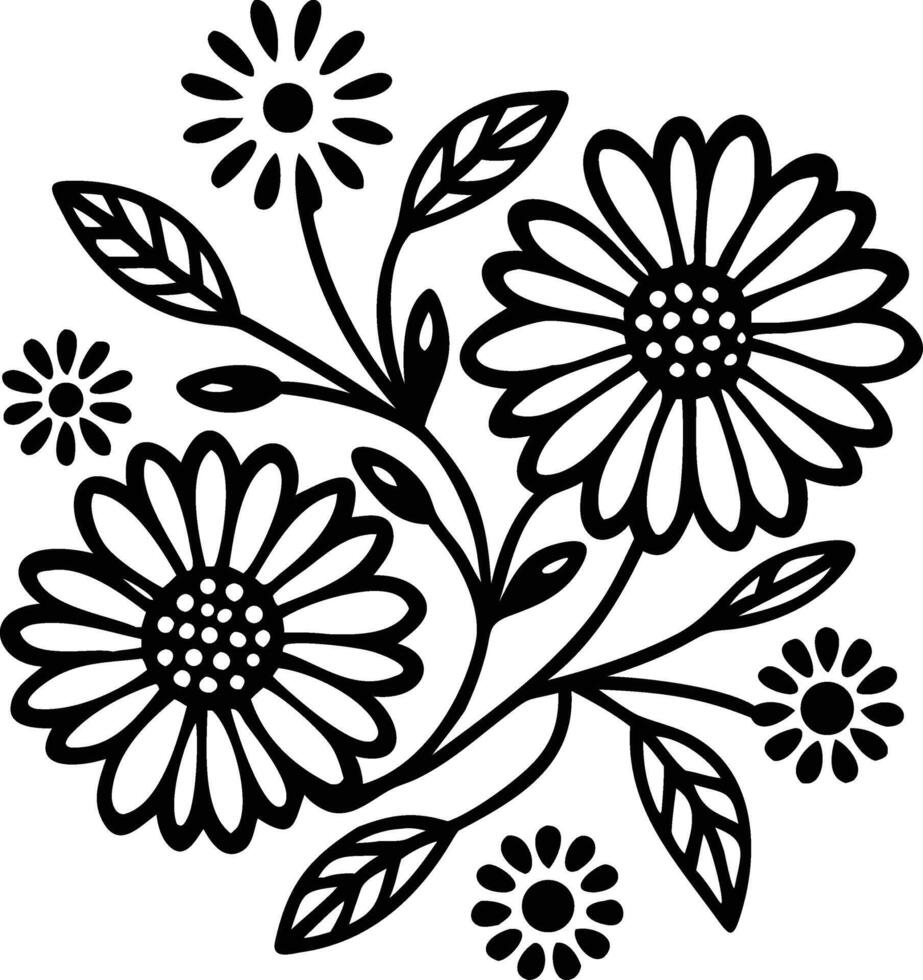 Elegant Black And White Floral Ornament With Daisy Flowers And Leaves vector