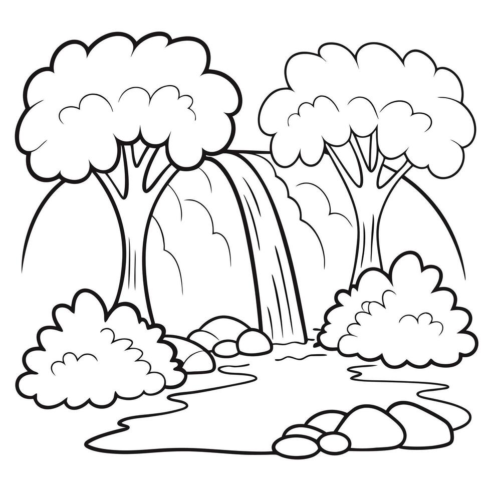 Outline Illustration Of A Waterfall Scene With Trees And Bushes vector