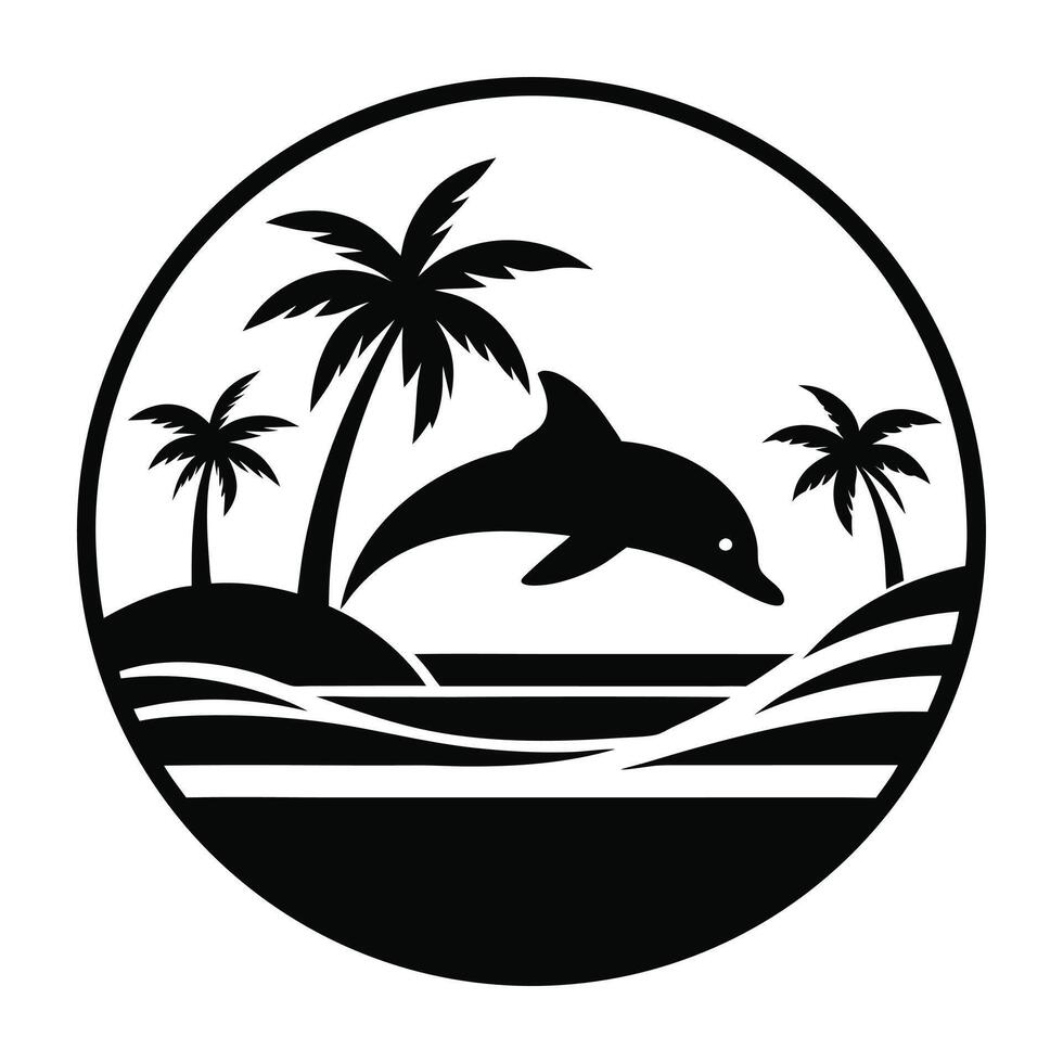 Black And White Graphic Tropical Island Scene With Dolphin Silhouette vector