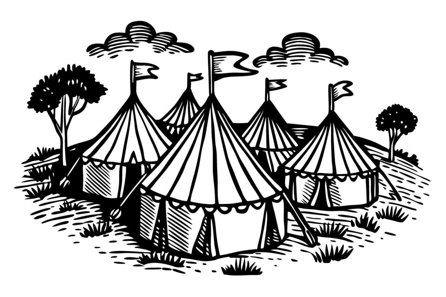 Vintage circus tents in grassy field with trees and cloudy sky in black and white illustration vector