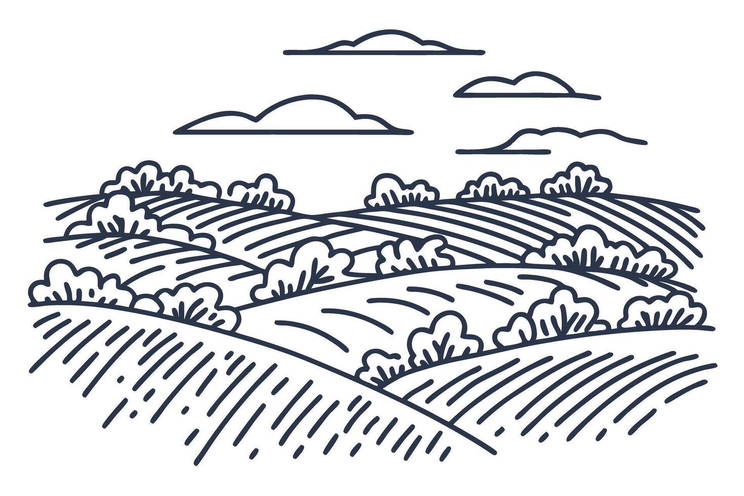 peaceful countryside landscape with rolling hills and clouds in minimalist line art vector