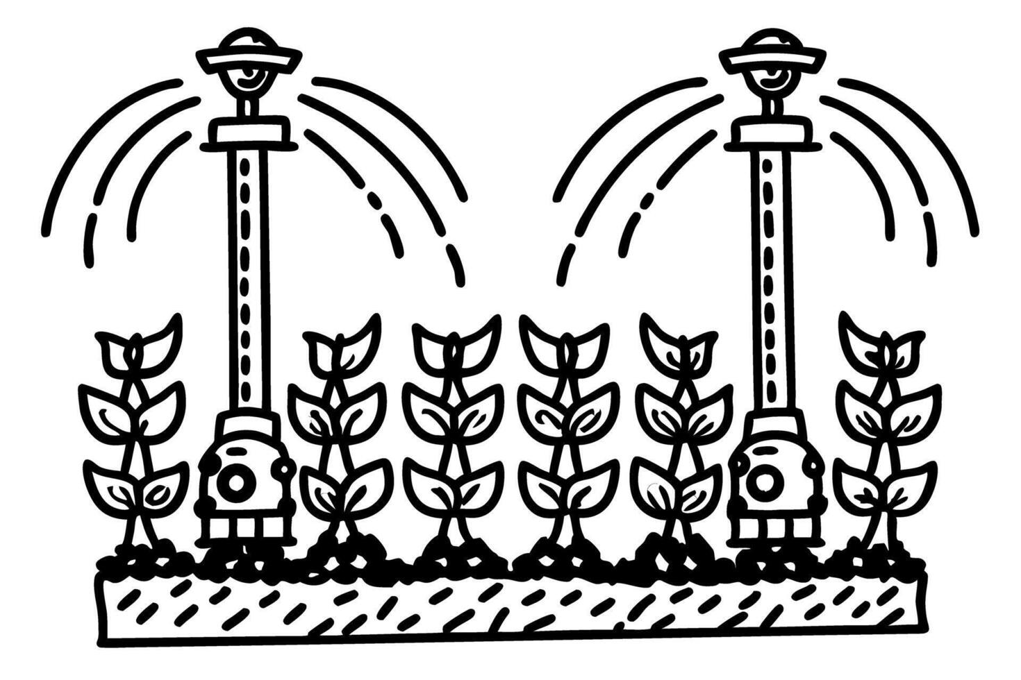 Garden sprinklers watering plants in a line drawing irrigation system for agriculture and gardening vector