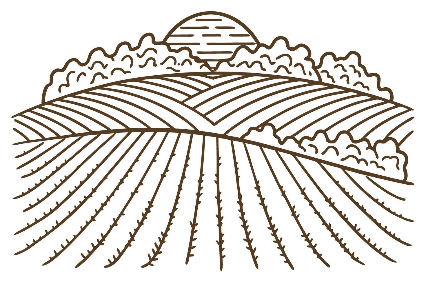 Sunny landscape of agricultural fields with rolling hills and distant mountains vector