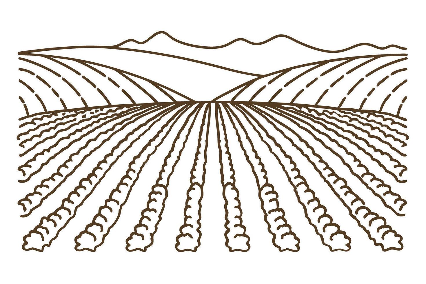 Vast agricultural landscape with mountain view, line art style, rows of crops vector