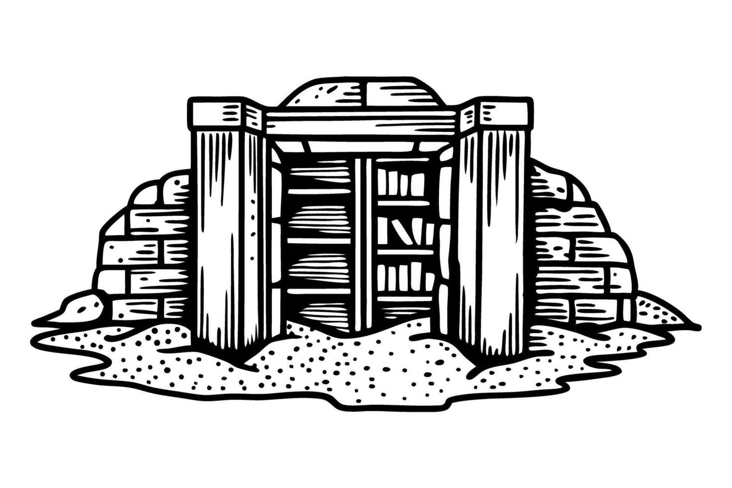 ancient tomb illustration mysterious burial site with stone entrance, sand and shadows vector