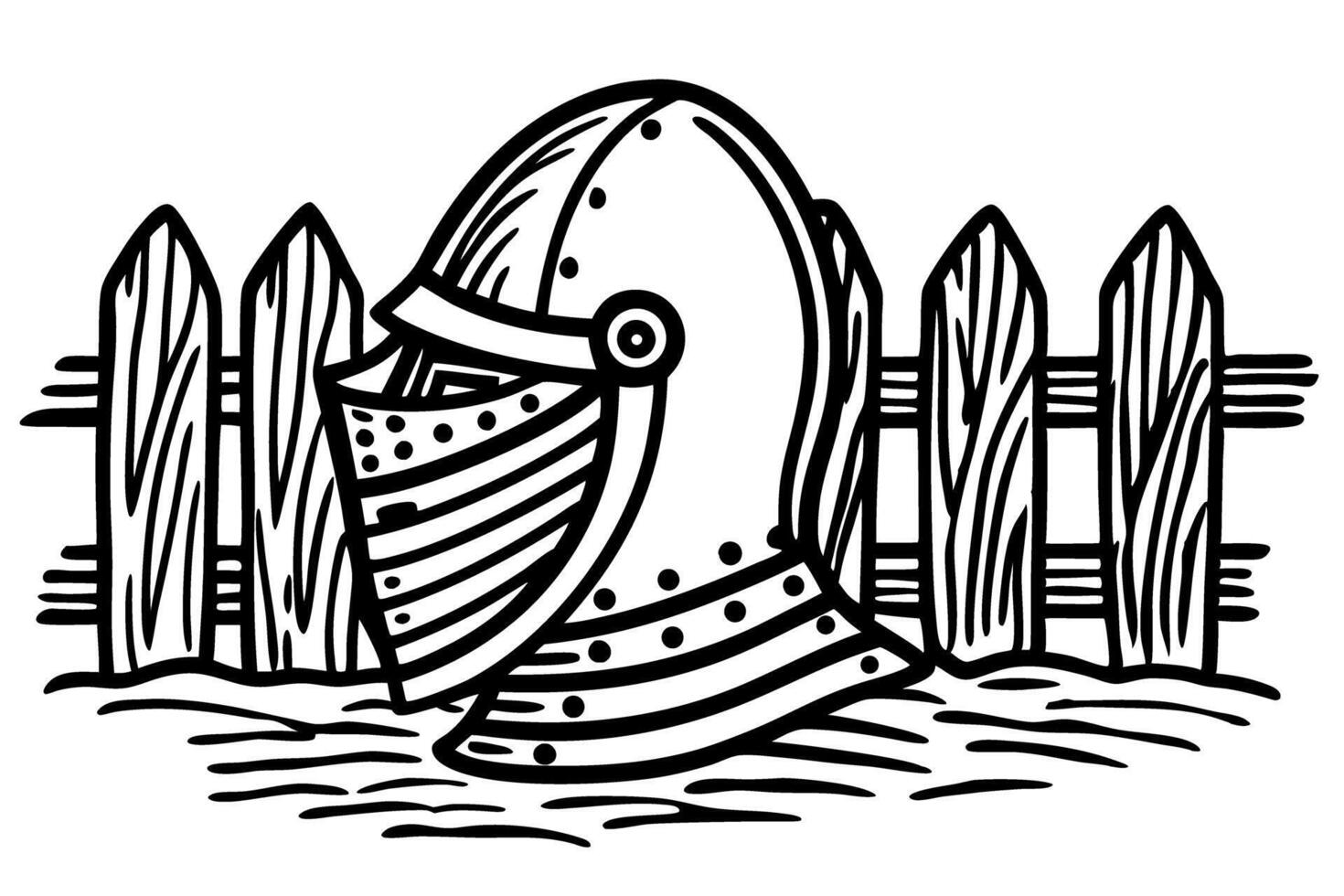 medieval knight helmet on rustic fence armor, metal, history, protection, retro art vector