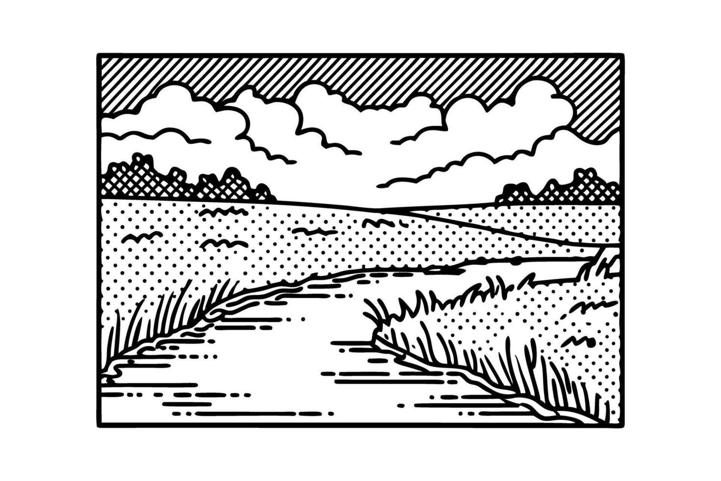 Scenic black and white landscape illustration of a river flowing through open fields vector