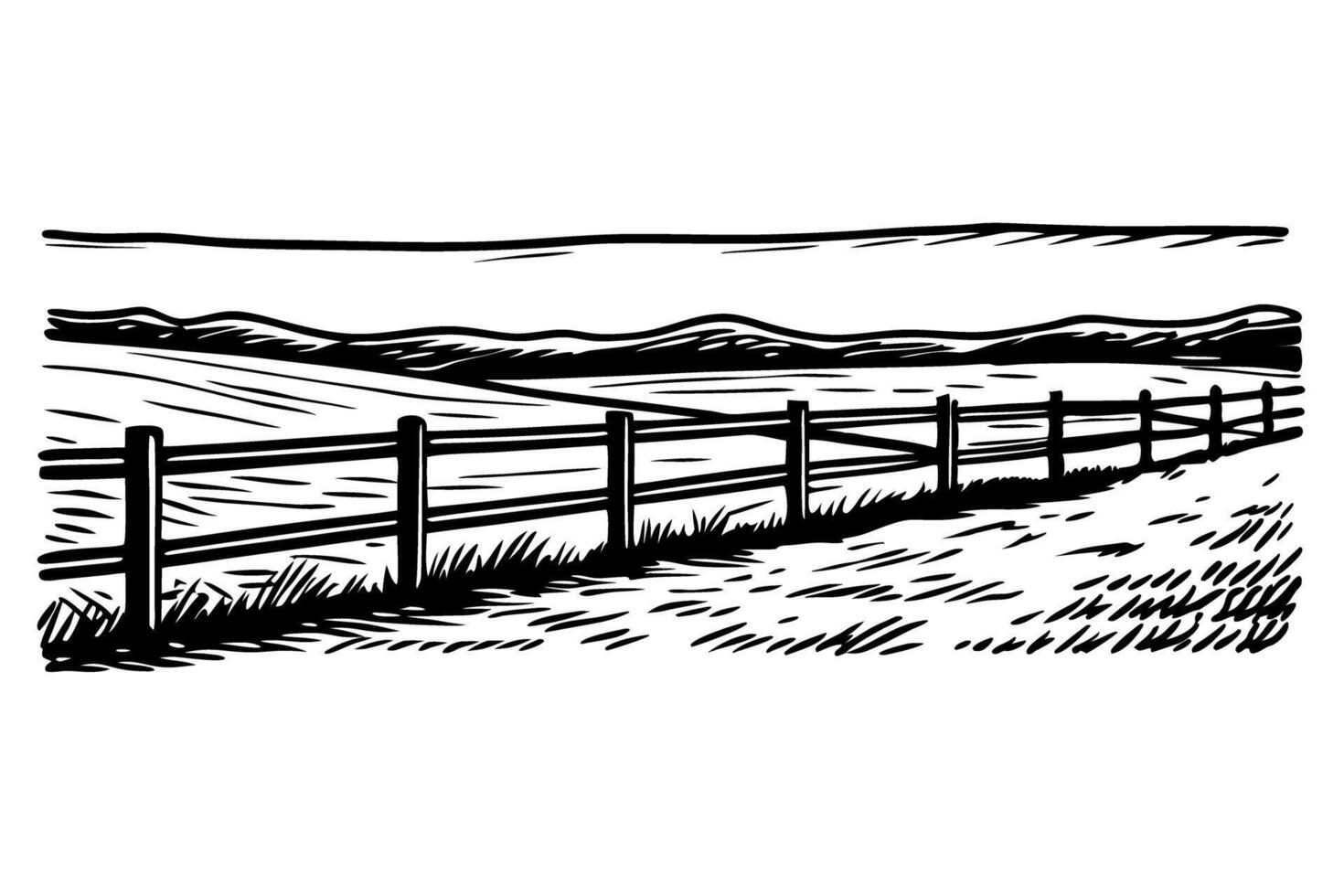 Rustic fence and landscape illustration pastoral peace and natural countryside scenery vector