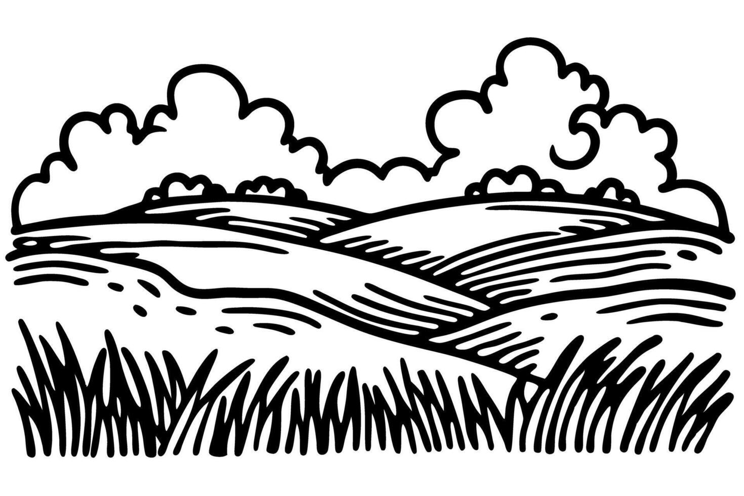 Scenic countryside landscape rolling hills and clouds in black and white illustration vector